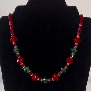 Czech Glass Red, Green and Silver Beaded Necklace